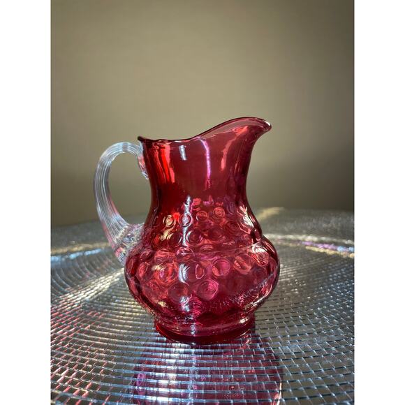 Vintage Cranberry Glass Coin Dot Thumbprint Pitcher W/ Clear Ribbed Bud Vase - Picture 13 of 13
